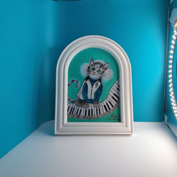 Fun DJ Cat 5"x7" within a new irregular shape white Frame, music cat, keyboard - Picture 4 of 7